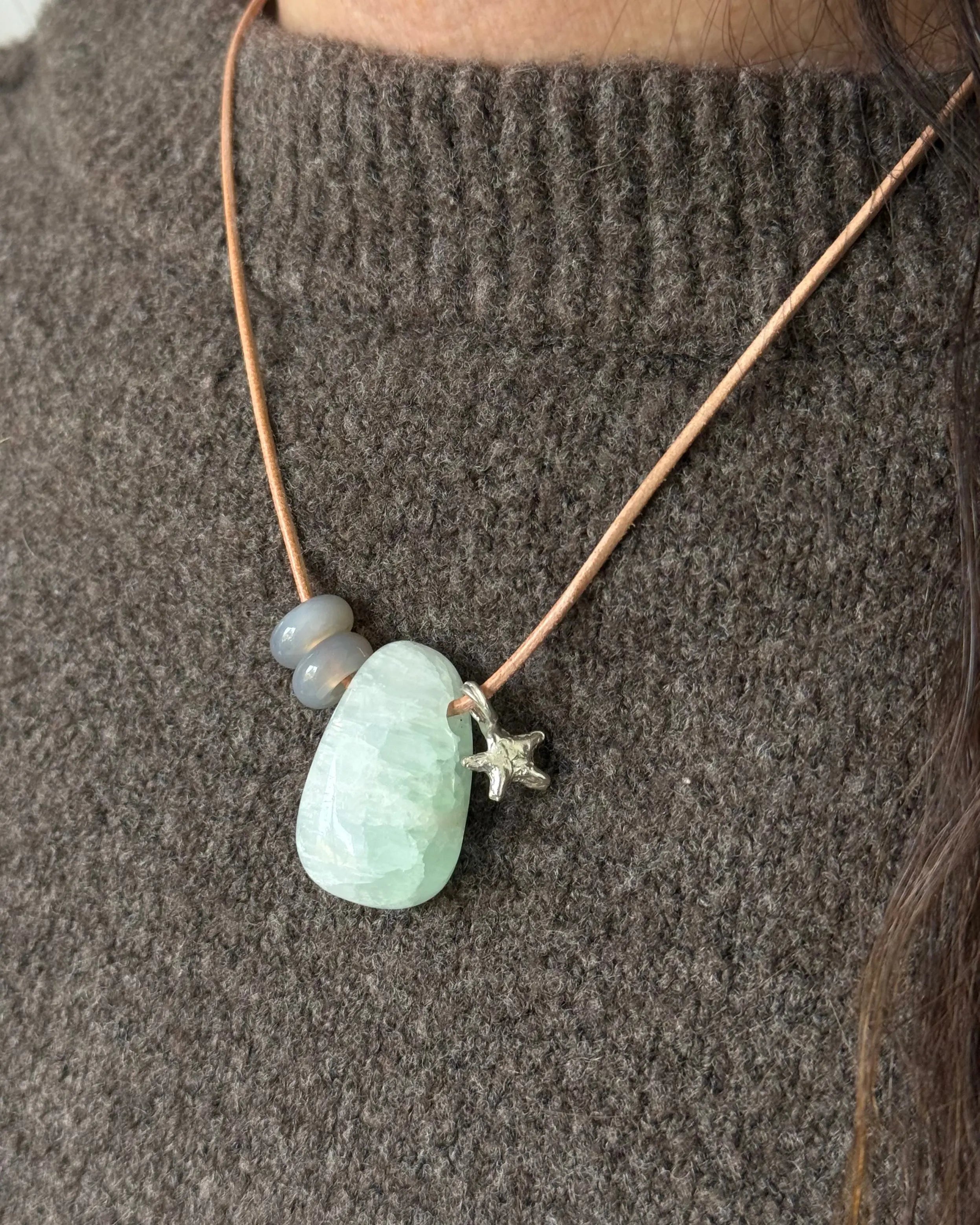 Leather Cord Necklace Statement Necklace Calcite 2 Silver